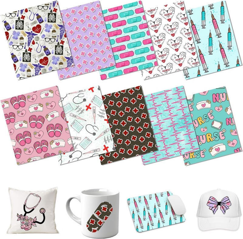 HTVSTD Nurse Sublimation Ink Transfer Sheets 10 Sheets 12'' x 10'' Nurse Life,Retro Healthcare, Medical Sublimation Paper Medicine Hospital Transfer Sheets for Mugs Tumblers DIY Transfer Paper - Image 1